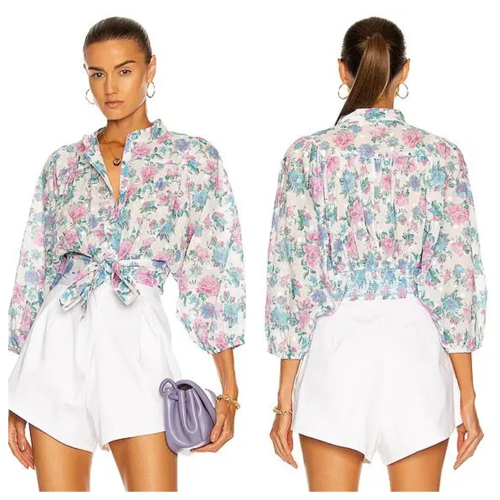LOVESHACKFANCY Triste‎ Crop Top Lavender Floral Swiss Dot Puff Sleeve XS